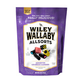 Wiley Wallaby Allsorts bag close-up showing colorful licorice pieces for a tasty variety.