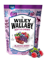 Wiley Wallaby blasted berry licorice twists on a store shelf, soft and fruity, ideal for on-the-go snacking.