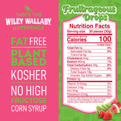 Wiley Wallaby Fruitrageous Drops inside bag with open pour and fruity colors.