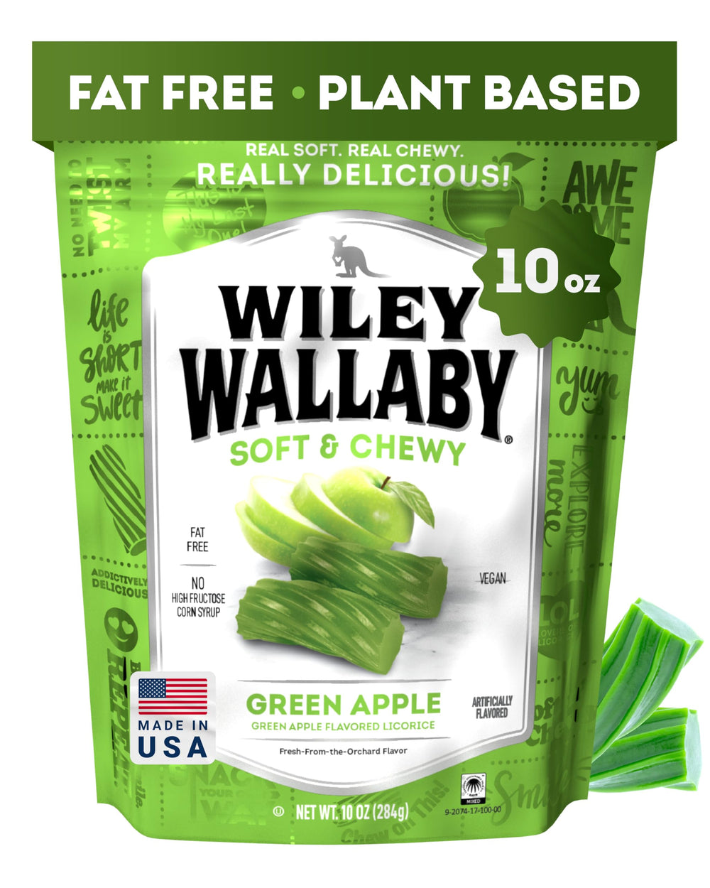 Wiley Wallaby green apple licorice twists in a resealable bag for on-the-go snacking