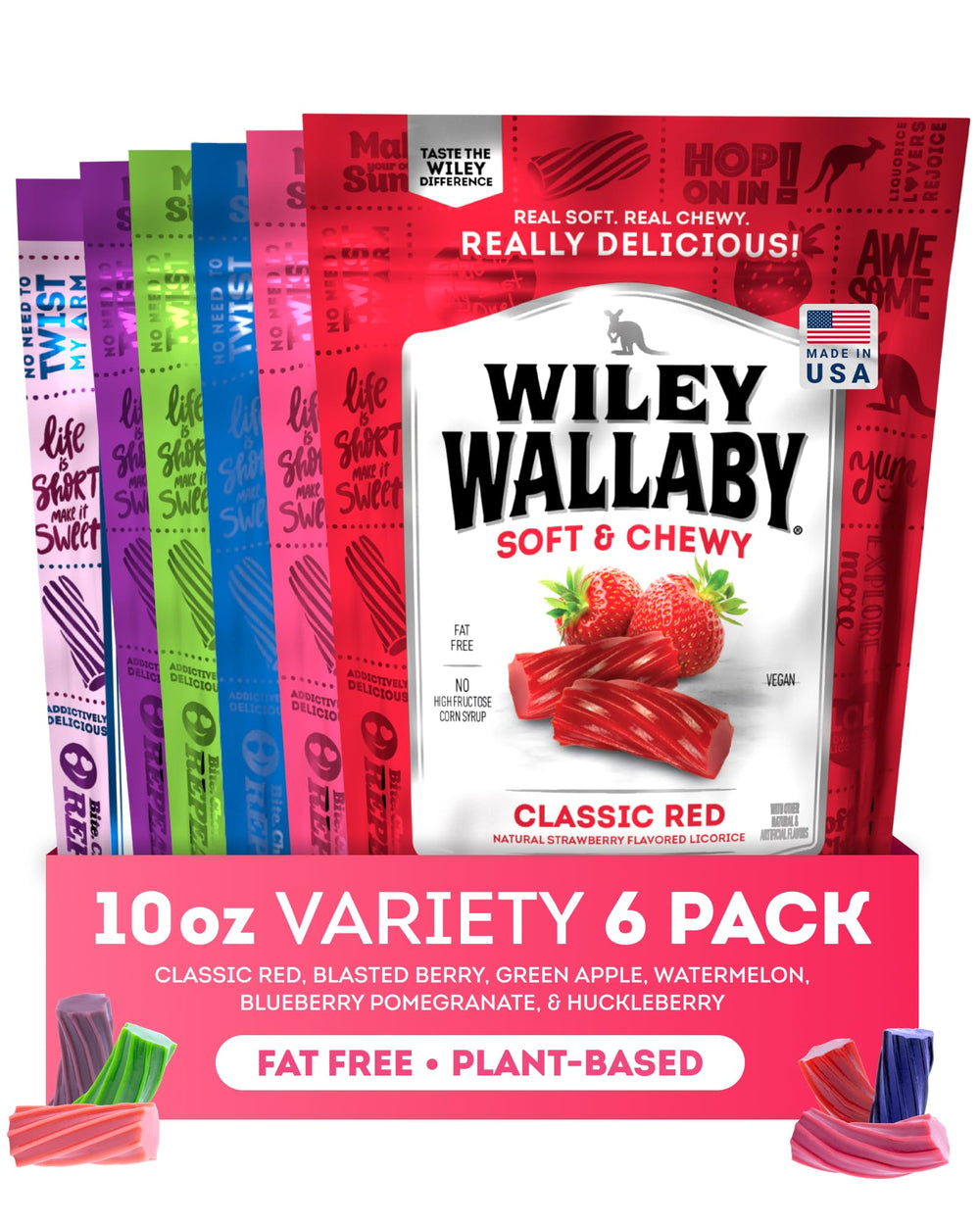 Wiley Wallaby licorice 10oz six-pack front view, ideal for sharing at gatherings.