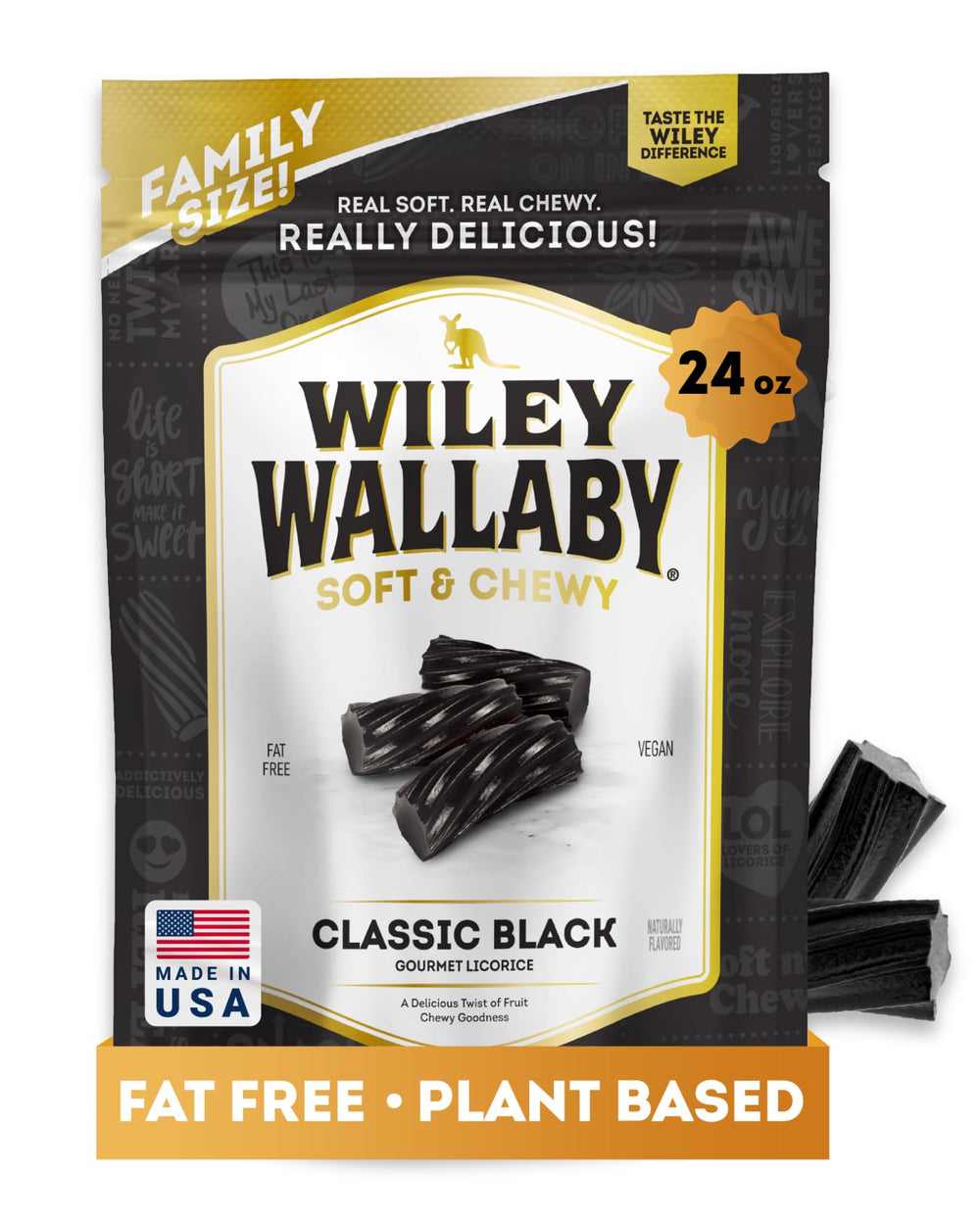Wiley Wallaby licorice bag closeup highlighting a resealable pack for on-the-go snacking.