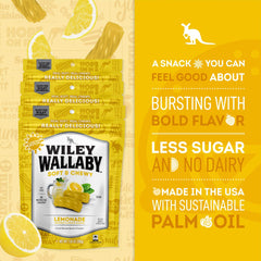 Wiley Wallaby Lemonade Licorice bag open for on-the-go snacking.