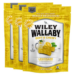 Wiley Wallaby Lemonade Licorice 3-pack front view, ideal for sharing.