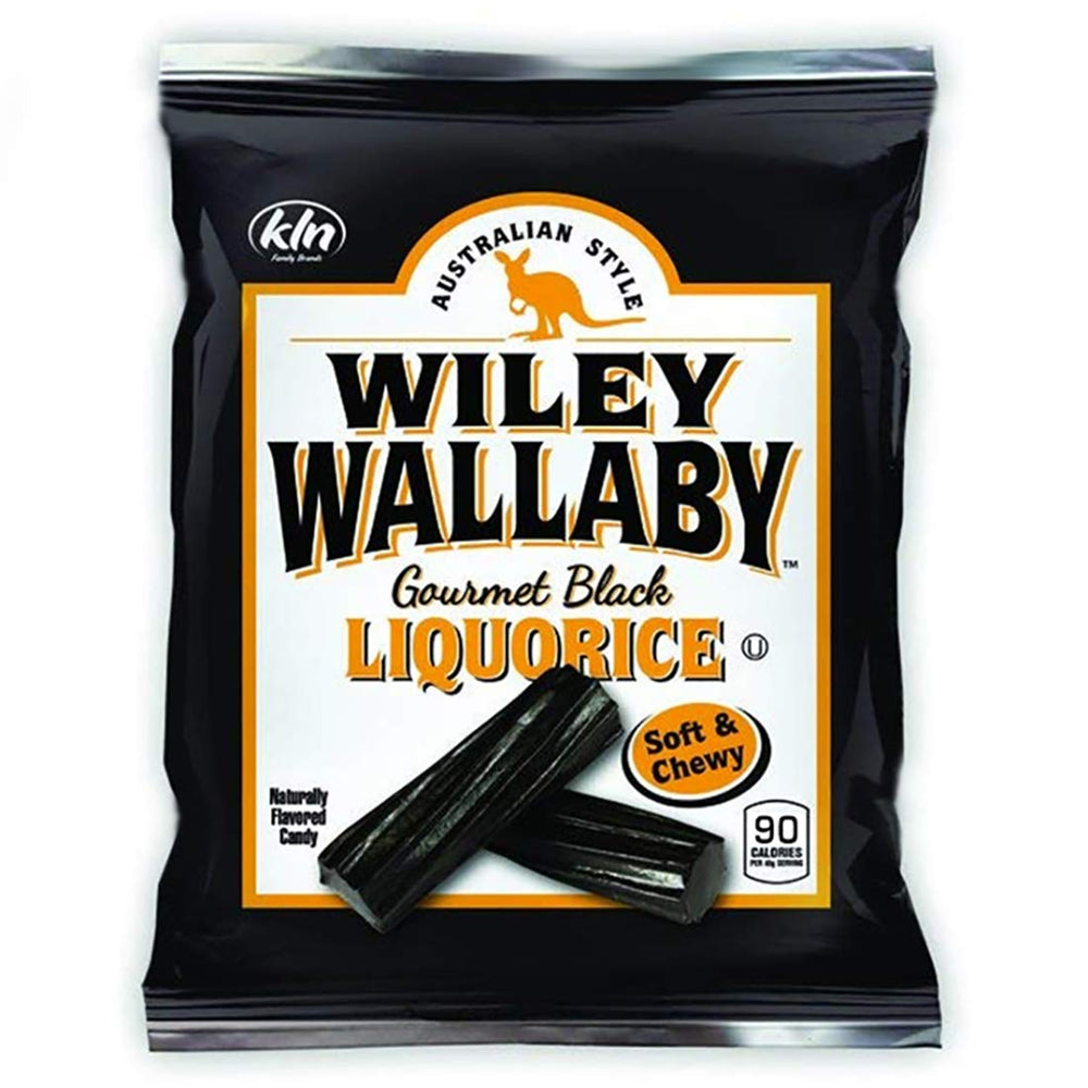Wiley Wallaby soft-chewy black licorice, dairy-free and fat-free, ideal for mindful snacking.