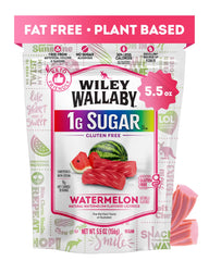 Wiley Wallaby Watermelon Licorice bag front shows gluten-free, low-sugar gourmet candy for on-the-go snacking