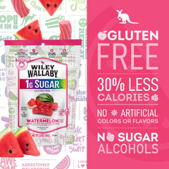 Wiley Wallaby Watermelon Licorice packaging back displays ingredients and gluten-free, low sugar profile