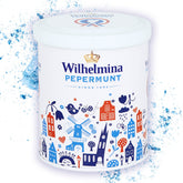 Wilhelmina Peppermints gift tin cover showcasing elegant Dutch packaging for gifting.