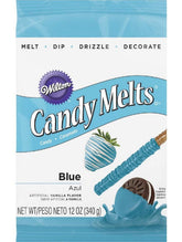 Wilton Blue Candy Melts 12oz bag ready for melting and cake decorating.