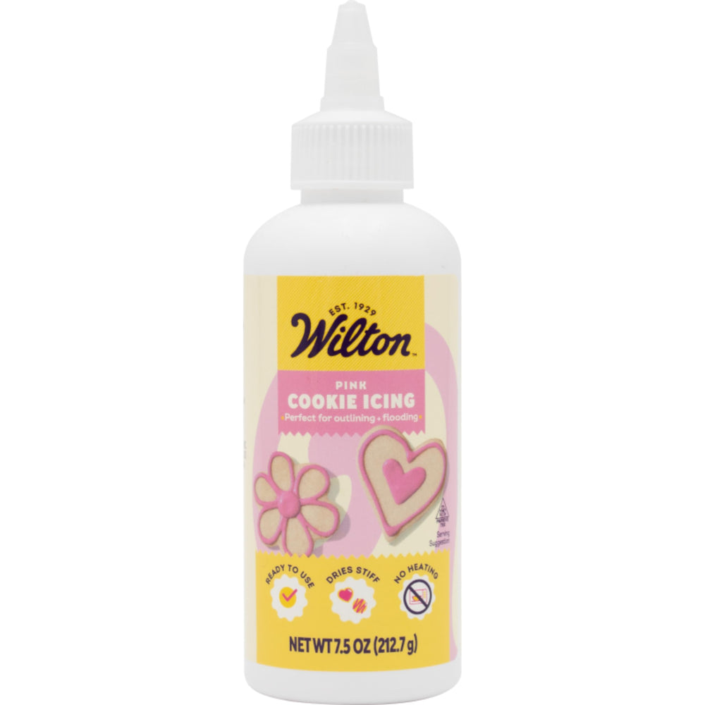 Wilton Cookie Icing pink bottle cap for quick, smooth cookie decorating.