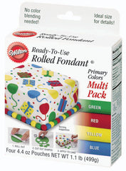 Wilton primary colors fondant multi-pack for vibrant decorations, ready to roll, no kneading required.