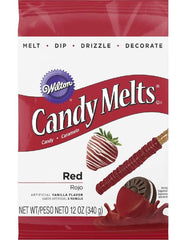 Wilton Red Candy Melts melt quickly in the microwave for smooth coatings.