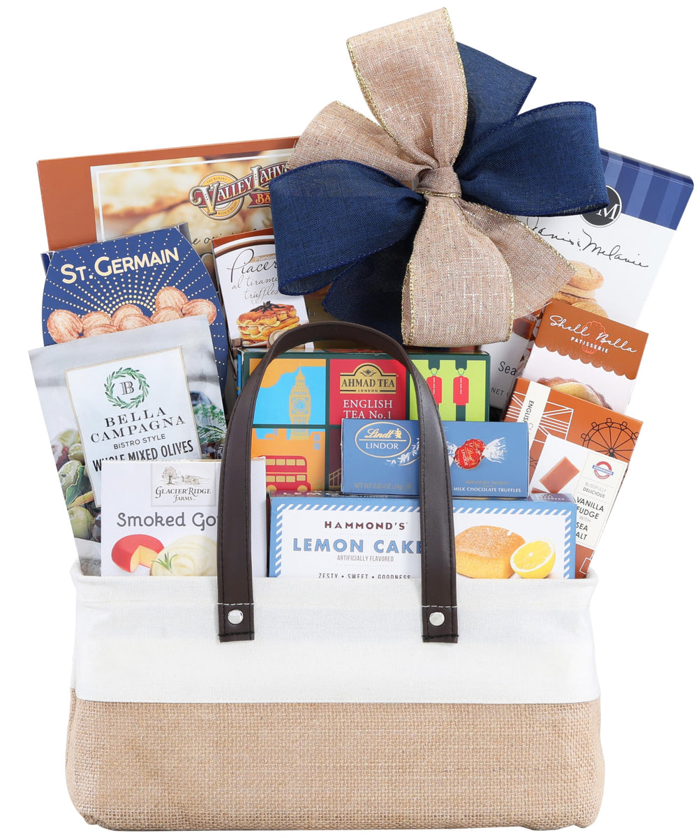 Wine Country Gift Baskets Connoisseur basket presentation highlights premium gourmet items.