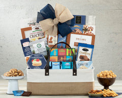 Wine Country Gift Baskets crackers and dips setup shows easy entertaining options.