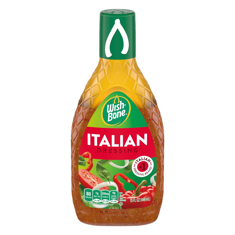Wish-Bone Italian Dressing bottle close-up ready to boost greens with bold flavor.