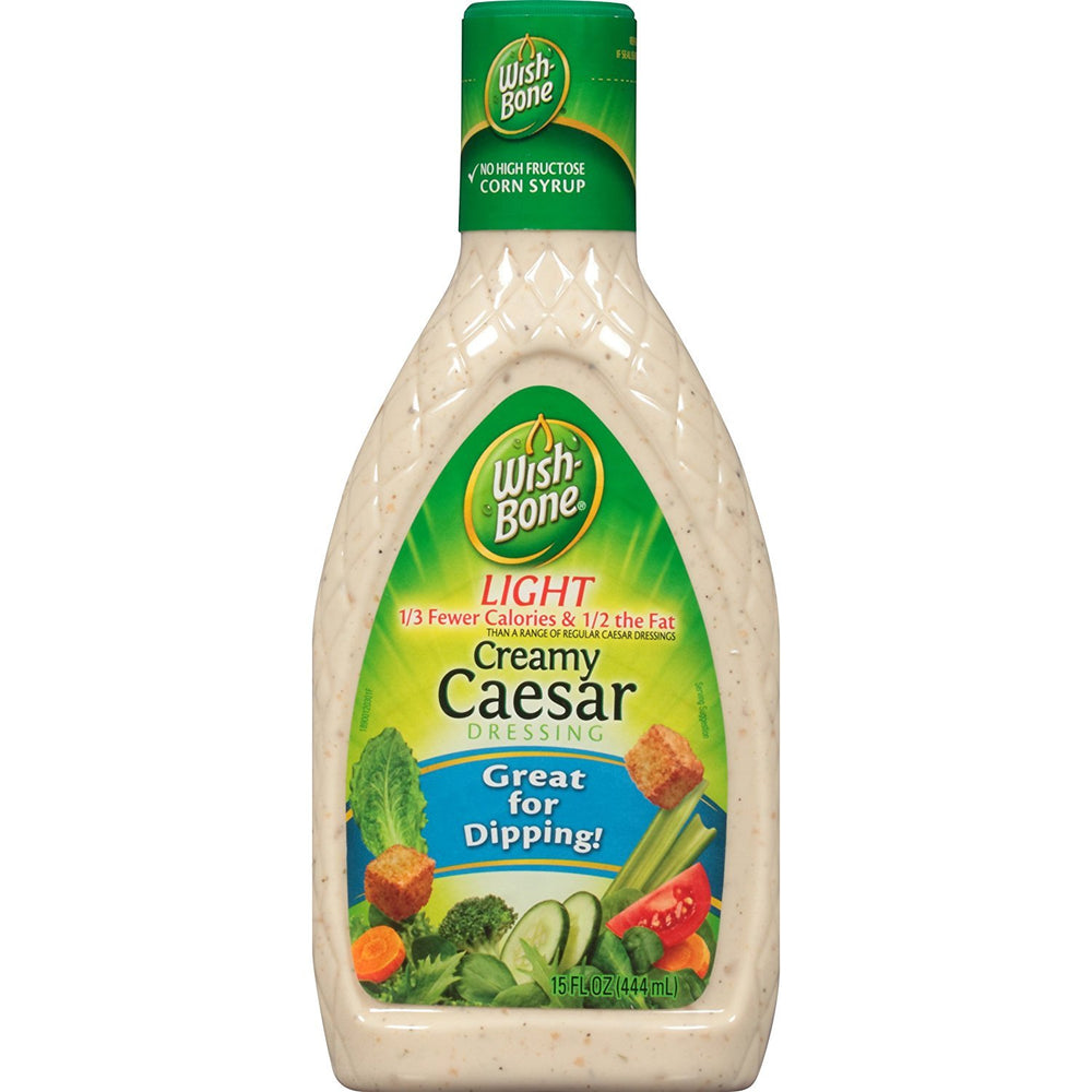 Wish-Bone Light Creamy Caesar bottle front shows Parmesan flavor ideal for salads