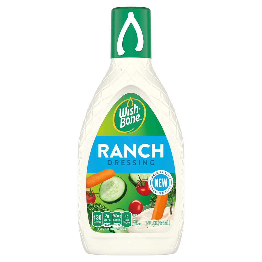 Wish-Bone Ranch Dressing bottle shows convenient 15 oz packaging for easy meals.