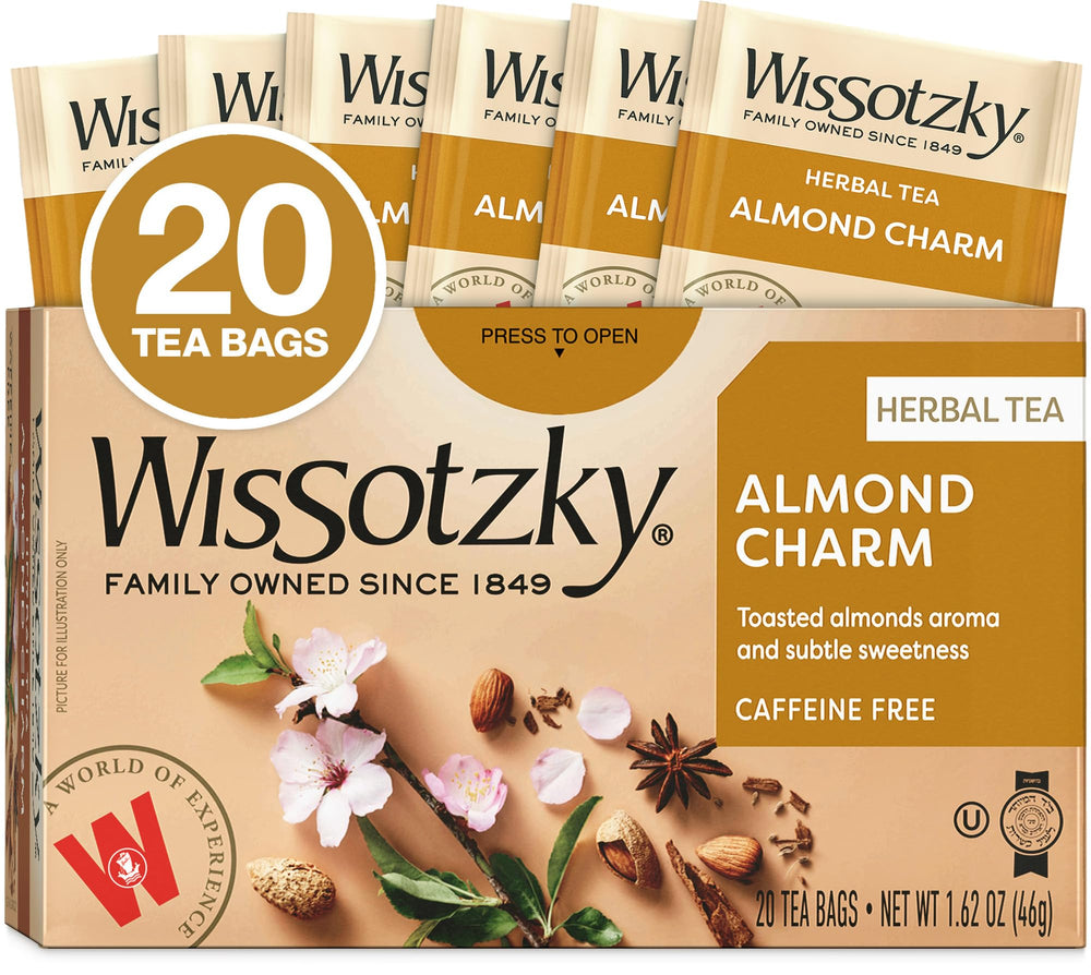 Wissotzky Almond Charm tea bags show a caffeine-free blend ideal for a cozy break.
