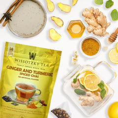 Wissotzky whole-leaf blend with ginger and turmeric infusing rich flavors.