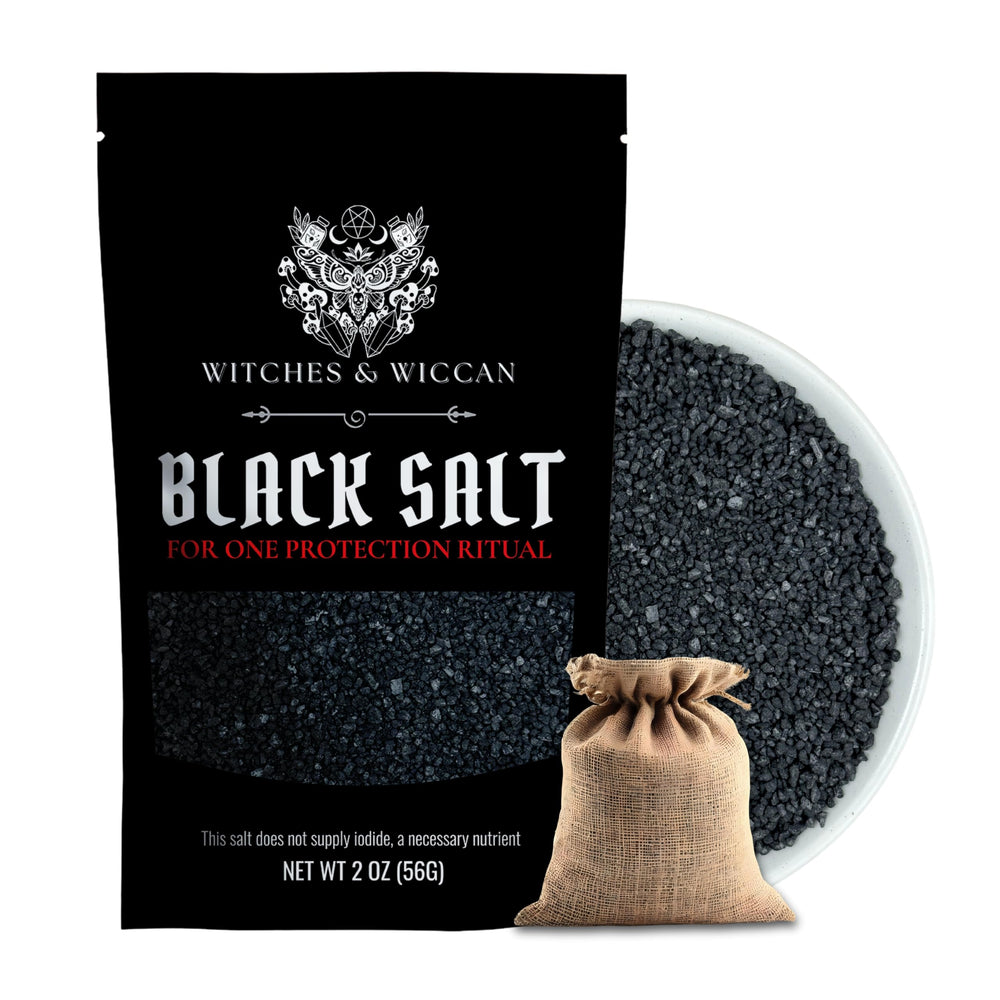 Witches & Wiccan black salt bottle ready for ritual protection and space shielding.