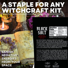Witches & Wiccan black salt crystal pile shown for altar energy and focus.
