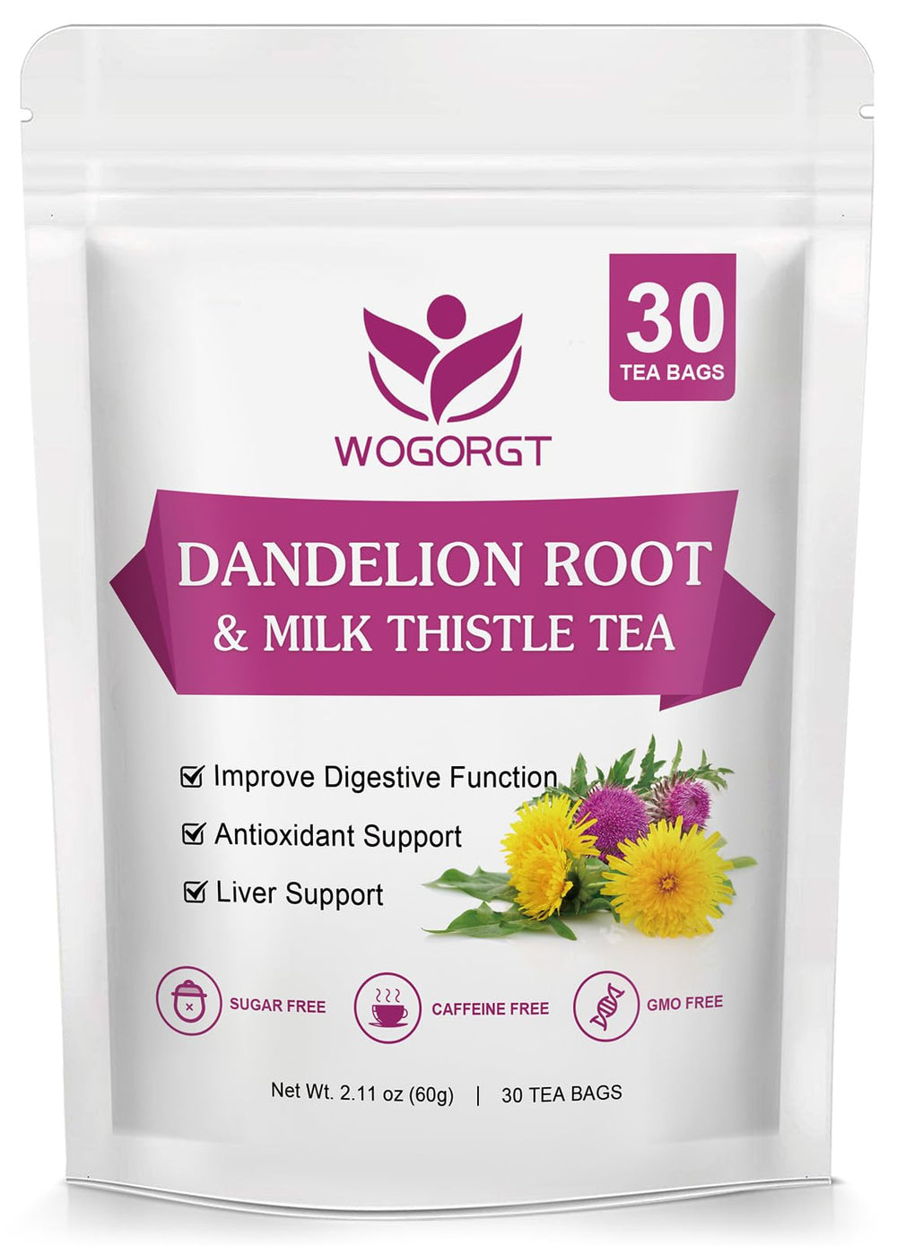 WOGORGT dandelion-milk-thistle-tea-packaging shows organic, caffeine-free blend for daily wellness.