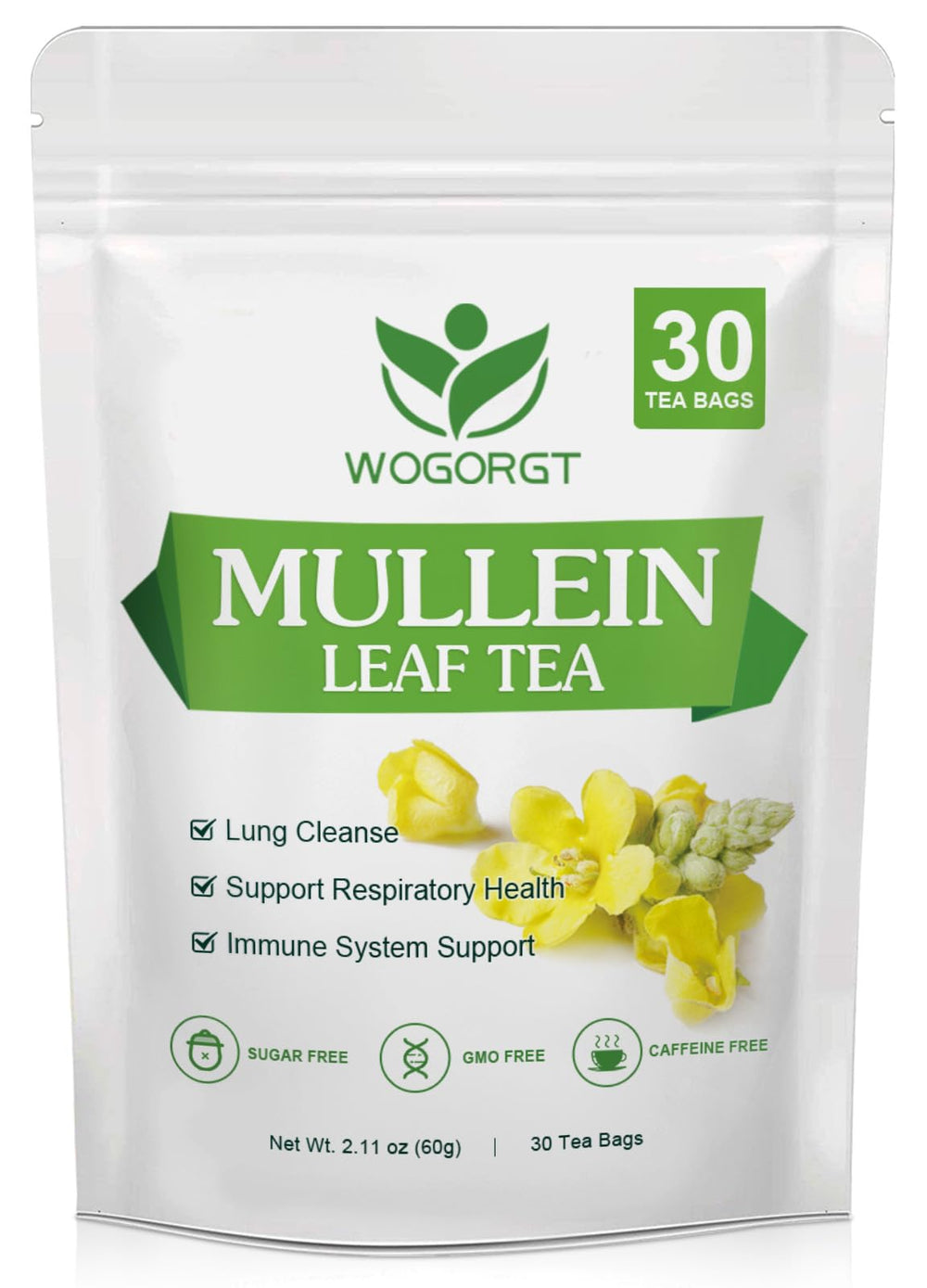 WOGORGT Mullein Tea Bags packaging displayed, showcasing pure additive-free leaves for daily wellness