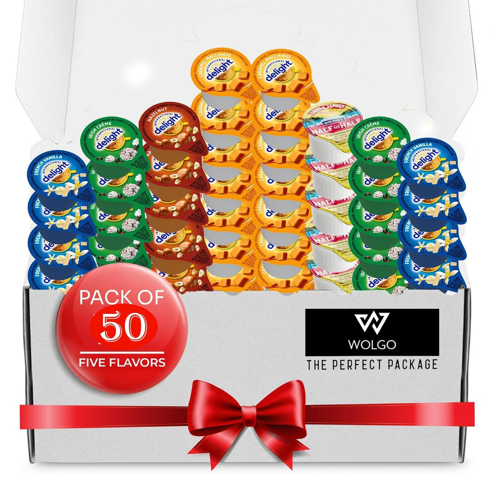 Wolgo Coffee Creamer Singles Variety Pack front view ideal for home or office stations