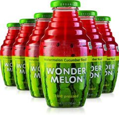 Wonder Melon organic watermelon juice bottle with cucumber and basil, refreshing on the go.