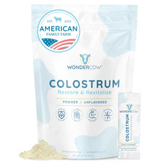 WONDERCOW Colostrum powder bottle showing pure whole colostrum for gut health support