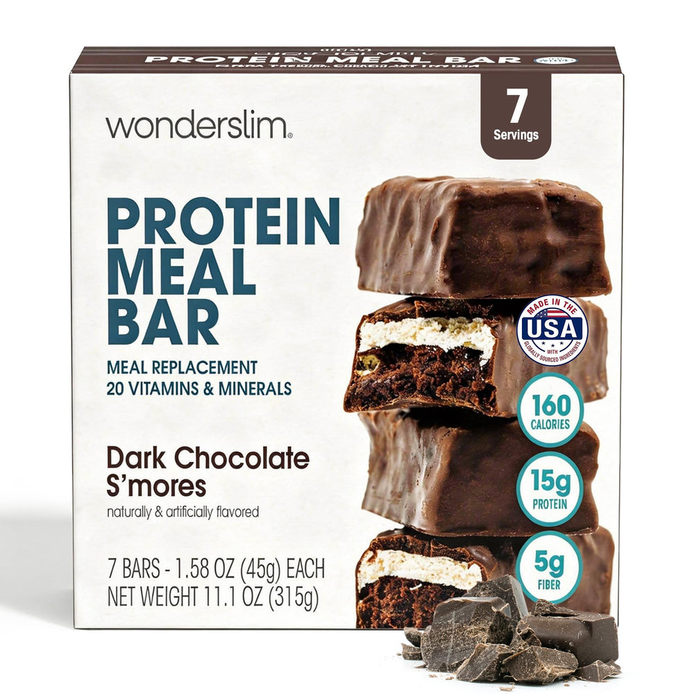 WonderSlim Dark Chocolate S'mores bar packaging shows convenient meal replacement option.