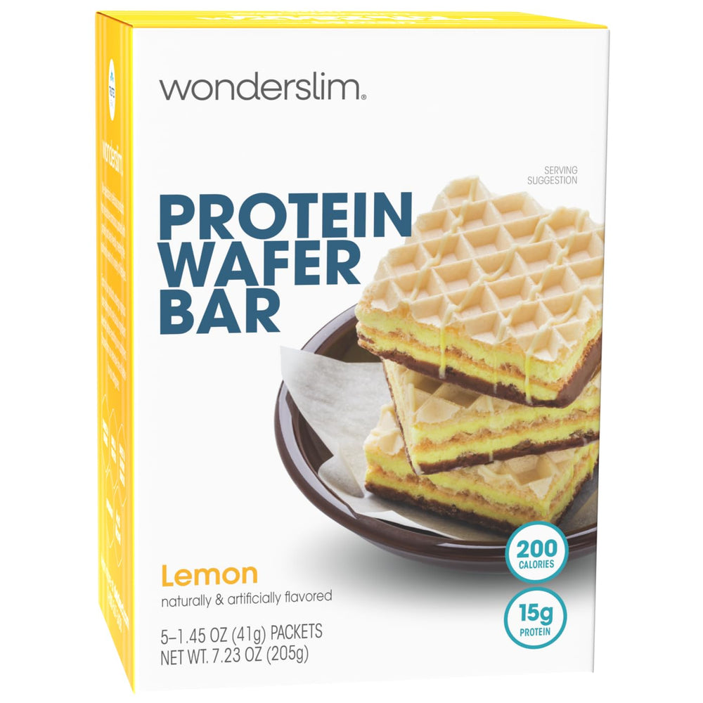 WonderSlim Lemon Protein Wafer Bar packfront, a convenient high-protein snack for busy days.