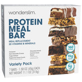 WonderSlim meal-replacement bar variety pack close-up shows texture and flavors for on-the-go meals