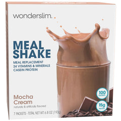 WonderSlim Mocha Cream shake in a glass, creamy texture for a satisfying meal.