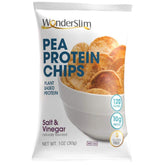 WonderSlim pea protein chips salt and vinegar bag—protein-packed crunch for on-the-go snacking.
