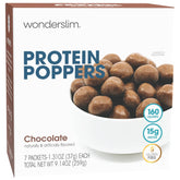WonderSlim Popper Puffs chocolate packaging highlights gluten-free option.