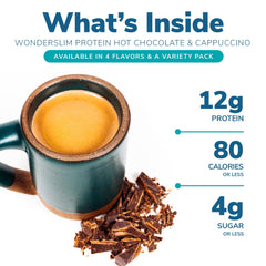 WonderSlim protein hot chocolate packet label shows low sugar and keto-friendly options