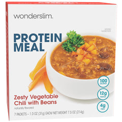 WonderSlim Protein Meal zesty vegetable chili bowl shows a protein-packed, fiber-rich dinner option