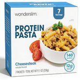 WonderSlim Protein Pasta cheesesteak macaroni on plate, high-protein meal option