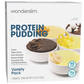 WonderSlim Protein Pudding Mix variety-pack packaging highlighting gluten-free snack convenience.