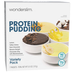WonderSlim Protein Pudding Mix variety-pack packaging highlighting gluten-free snack convenience.