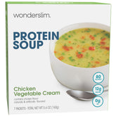 WonderSlim Protein Soup front pack shows chicken and vegetable cream flavor for a high-protein, low-fat meal.