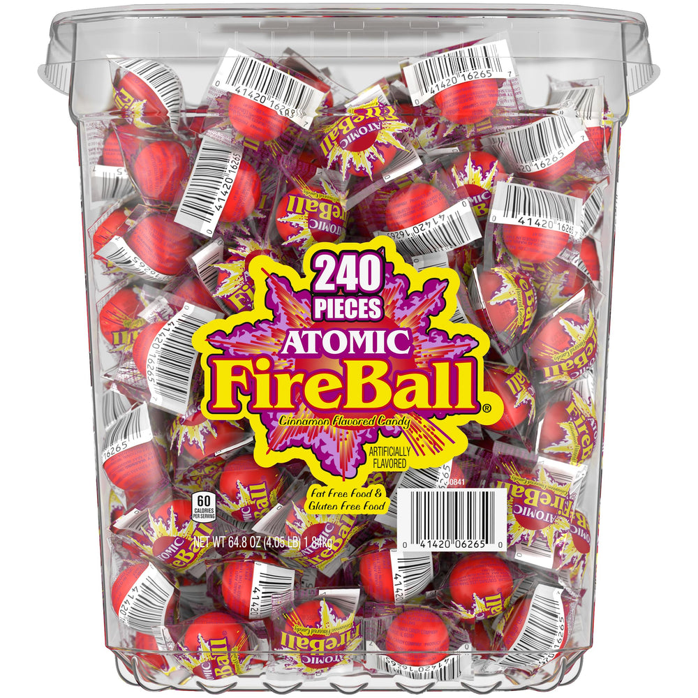 Wonka Atomic Fireball red sphere with bold cinnamon heat.