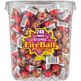 Wonka Atomic Fireball red sphere with bold cinnamon heat.