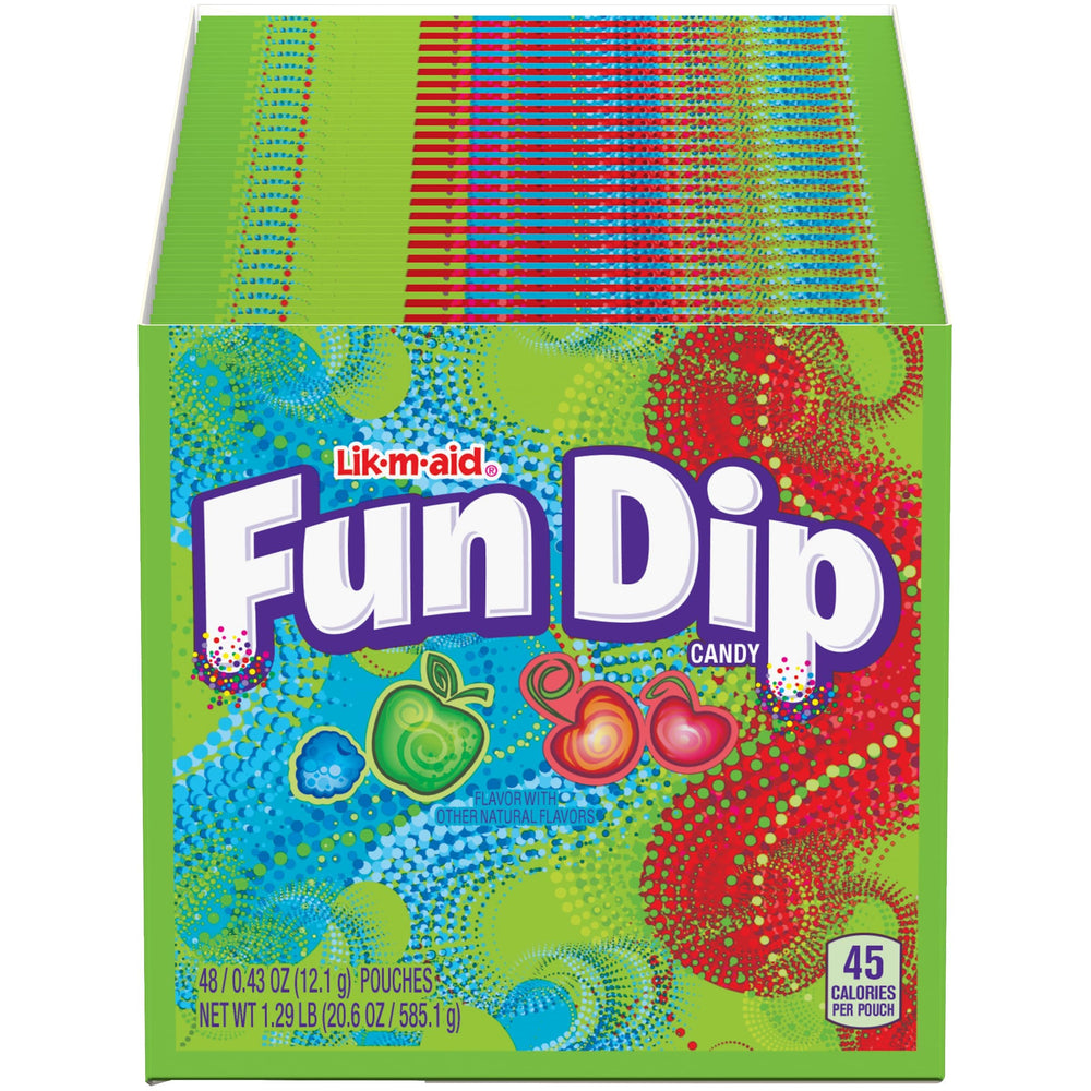Wonka Fun Dip front packaging shows colorful pouches for easy party snacking.