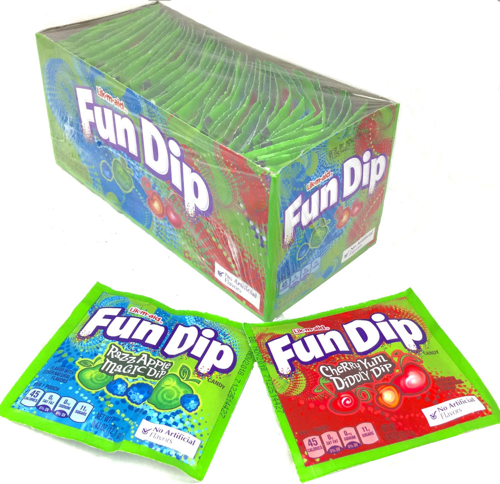 Wonka Fun Dips box with 48 half-ounce packs, ideal for parties and nostalgic snacking.
