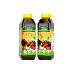 World Harbors Jamaican Jerk sauce bottle for bold flavor on chicken.
