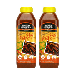World Harbors Mexican Style Fajita Marinade bottle enhances grilled fajitas with bold flavor.