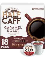 World's Best Half Caff caramel coffee pods box with rich aroma and bold flavor