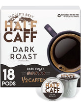 World's Best Half Caff dark roast pods ready for Keurig machines offering bold flavor.